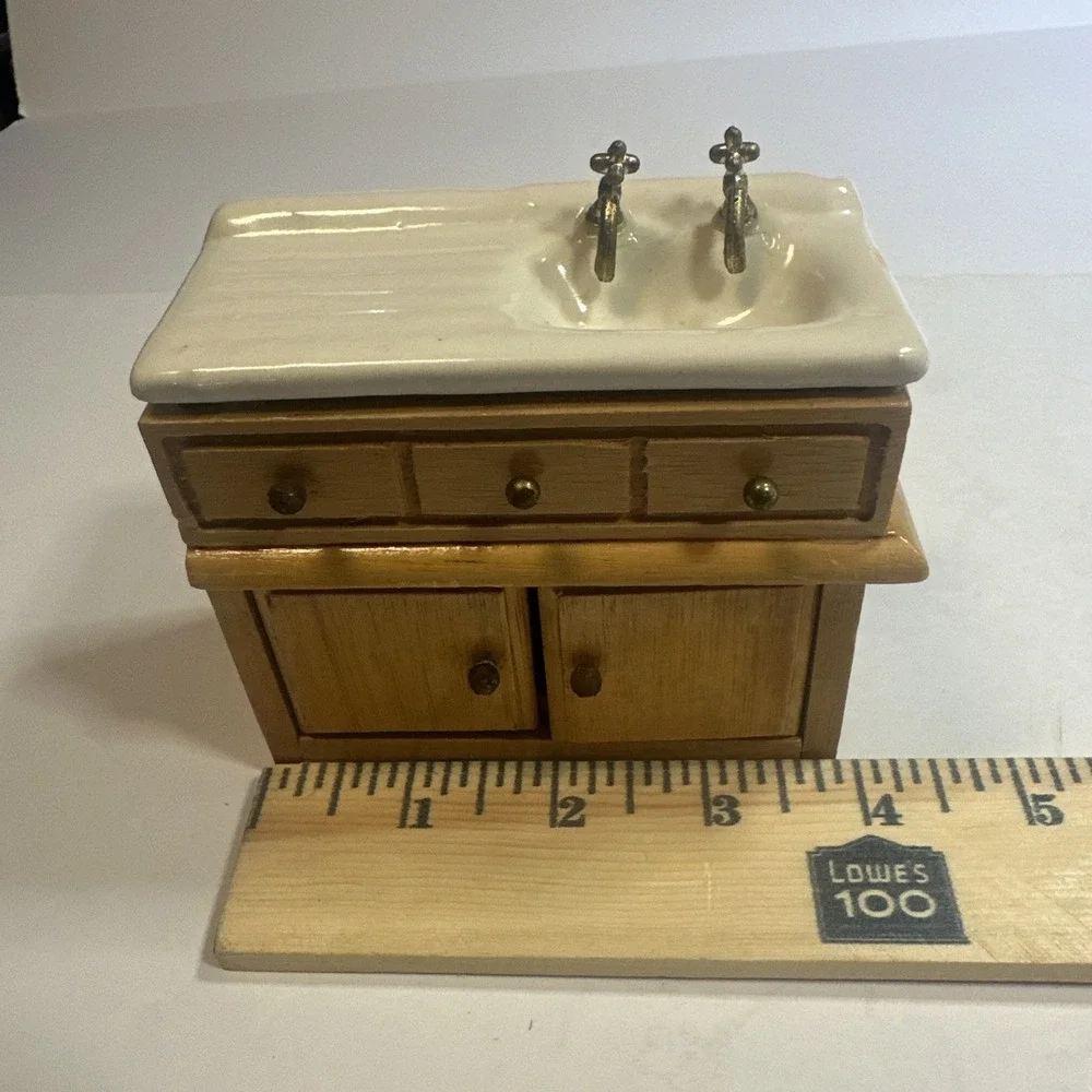 Vintage Dollhouse Miniature Doll Furniture Porcelain Sink with Wood Cabinet 4x2